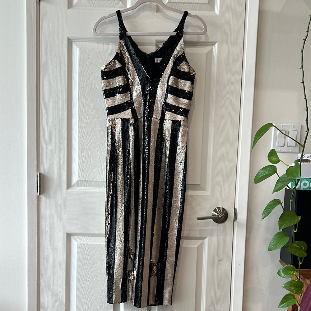 Dress the Population Black and Cream Spaghetti Strap Bodycon Midi